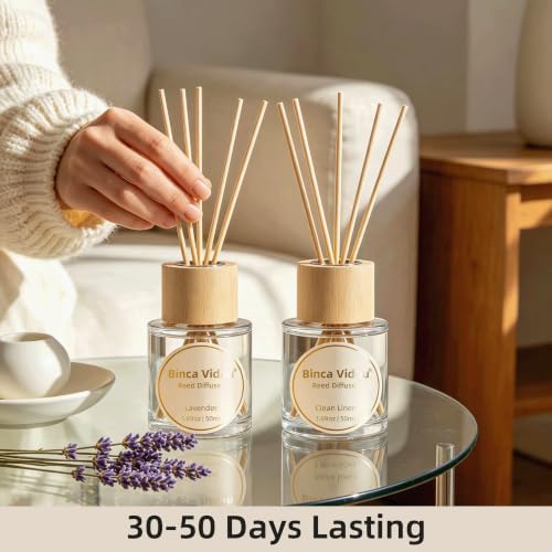 Reed Diffuser Set Lavender & Linen Natural Scent Theme Oil Diffusers with Sticks for Home Office Bathroom Aromatherapy Decor 1.69oz x 2