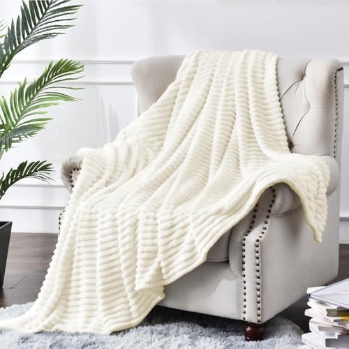 BEDELITE Ribbed Jacquard Cream Fleece Throw Blanket for Couch, 50x60 Inch