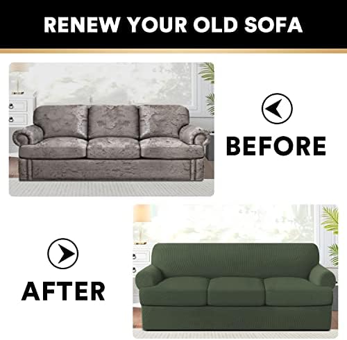 PrinceDeco T Cushion Sofa Slipcover 4 Pieces Sofa Covers for T Cushion Couch Soft Sofa Slip Covers Furniture Protector with 3 Individual T Shape Seat Covers(70"-88"), Bronze Green