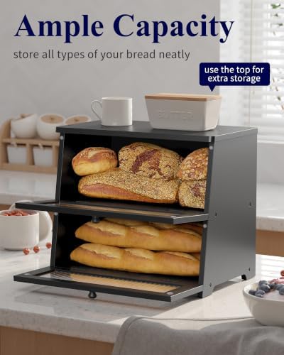 Kitsure Wooden Bread Box for Kitchen Countertop, 2-Tier, Black