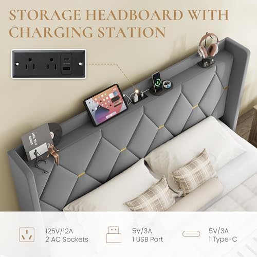SHA CERLIN King Size Bed Frame with Storage Headboard & Charging Station