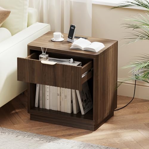 Fluted Nightstand Set of 2 with Charging Station,Drawer & Open Shelf,Walnut