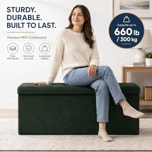 ALASDO 43 Inch Folding Storage Ottoman Bench with Hidden Storage, Velvet Storage Ottoman Foot Rest Stool, End of Bed Bench for Bedroom, Living Room, Entryway and Closet, Dark Green