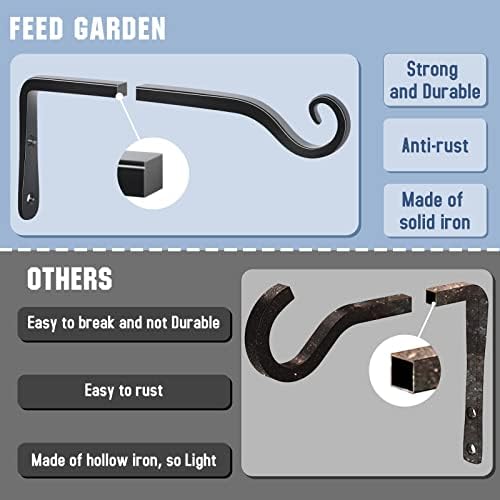 FEED GARDEN Wall Hooks for Hanging Plants 10 Inch - 2 Pack Heavy Duty Metal Plant Brackets, Holds 48 lbs, Rust Resistant Black L-Shape Hooks for Bird Feeders Baskets Lantern Wind Chimes Outdoor Indoor