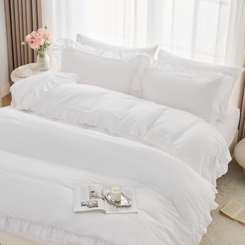 Horbaunal 3 Pcs White Ruffle Duvet Cover Twin Size Soft Microfiber Shabby Chic Ruffled Duvet Cover Set, Vintage French Country Ruffle Bedding Set with Zipper Closure & Corner Ties, 68" x 90"