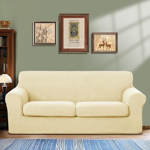 3 Pieces Stretch Couch Cover for 2 Cushion, Sofa, Beige