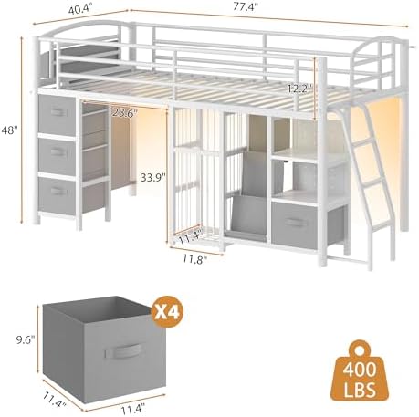 Twin Low Loft Bed, Kids Loft Bed, Storage Drawers, LED Lights, White Gray