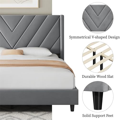 Yaheetech Queen Bed Frame with Chevron Channel-Tufted Headboard, Light Grey