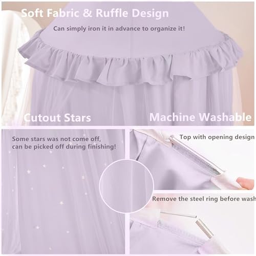 Princess Bed Canopy for Girls, Double Layer Canopy Fits Twin/Full Bed - Fairy Bed Tent for Kids Room Decor(with Cutout Stars,Purple)