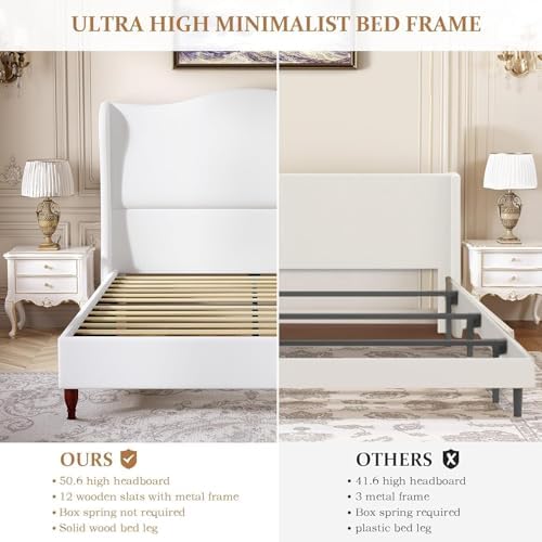 koorlian Queen Size Upholstered Bed Frame with 51'' Tall Headboard, White