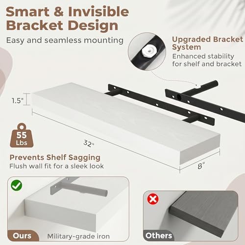 32 Inch Floating Shelves for Wall, 8"D Wood Storage Shelves, White Finish