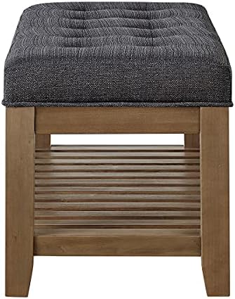24KF Large Rectangular Upholstered Tufted Linen Fabric Ottoman Bench, Padded Bench with Solid Wood Shelf-Charcoal