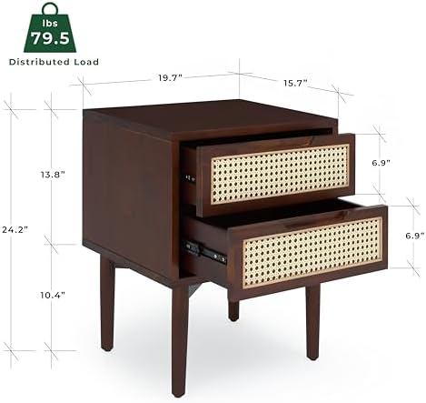 Bme Oliver Solid Wood Rattan Nightstand, Bohemian & Mid Century, Walnut