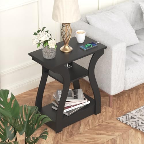 FROMJBEST End Tables Living Room with Charging Station, Black Side Tble