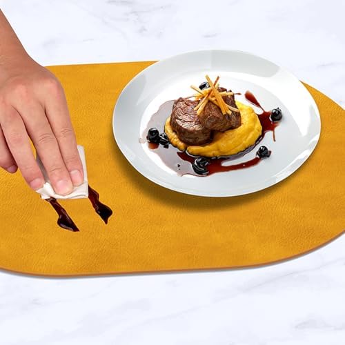 ADRIMER Oval Placemats Set of 12, Wipeable Faux Leather, Yellow