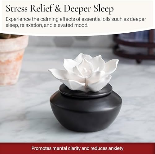 Airomé White Flower, Porcelain Passive Essential Oil Diffuser (with 15ml Peppermint Essential Oil) – Non-Electric, Battery-Free, Improves Sleep, and Relieves Stress