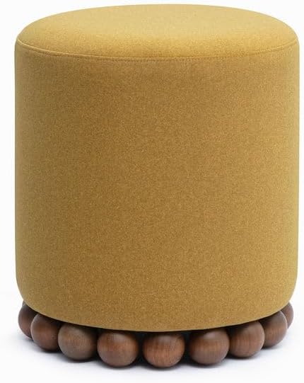 First of a Kind Amber Performance Vegan Mohair Ottoman, Plush Upholstered Accent Stool and Footrest with Foam-Padded Top and Solid Wood Orb Legs