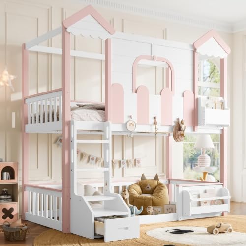 Twin Over Twin House Bunk Bed Frame with Bookshelf and Drawer, White