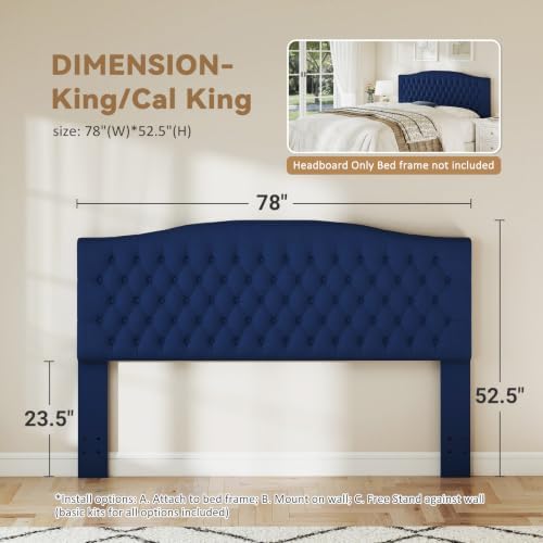 Befurtori King Headboard Only, Velvet Classic Tufted Design, Navy Blue