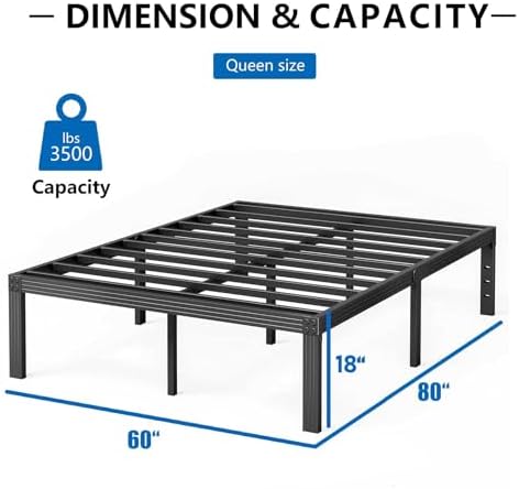 Queen Size Bed Frame, 18 Inches Platform Bed Frame, 1000lbs Heavy Duty Steel Slat, Non-Slip Design, No Box Spring Needed, Easy Assembly, Quiet Noise Free, Under Bed Storage Space, Black