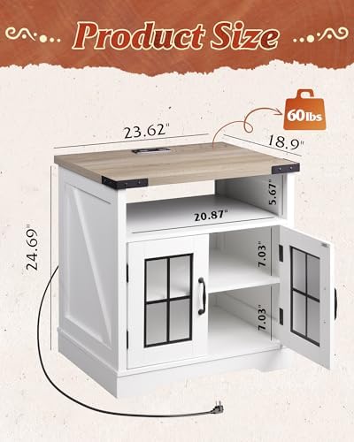 WLIVE Farmhouse End Table with Charging Station & LED Light for Living Room