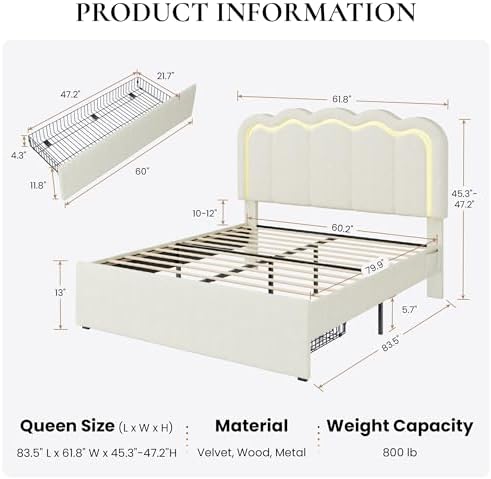 SHA CERLIN Queen Size Bed Frame with LED Lights and Storage Drawer, Cream