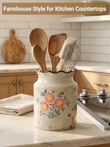 Ceramic Utensil Holder for Kitchen Counter, Farmhouse Kitchen Décor