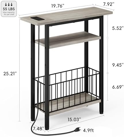 Vagusicc Narrow Side Table with Charging Station, Skinny Side End Table for Couch, 3-Tier Small End Tables for Small Spaces, 25.2" Tall Slim Nightstand Bedside Table for Living Room, Bedroom, Greige