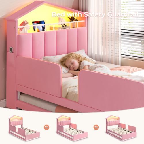ADORNEVE Twin Size Bed Frame with Trundle & LED Lights,Pink
