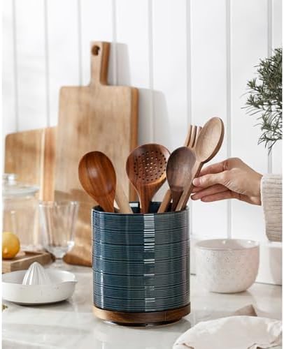 Utensil Holder, 360° Rotating Extra Large Ceramic Kitchen Utensil Holder for Countertop, 7.3“ Cooking Utensil Crocks for Kitchen Counter with Rotatable Wooden Base, Farmhouse Decor, Dusty Blue