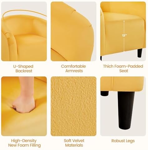 Yaheetech Small 25.5in Wide Velvet Barrel Accent Chair Bedroom, Yellow