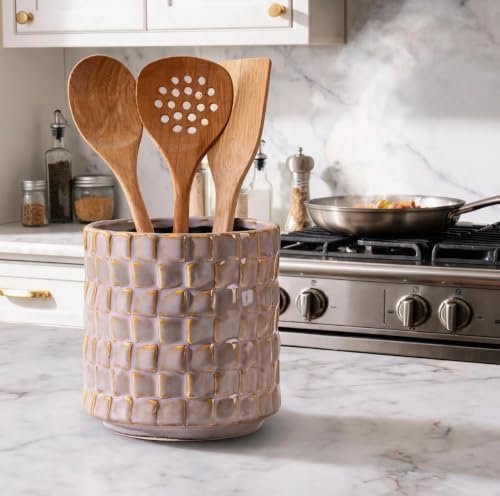 Utensil Crock, 5 Inches Small Cooking Ceramic Utensil Holder for Countertop, Unique Embossed Checkered Pattern, for Kitchen, Home Decor Gift