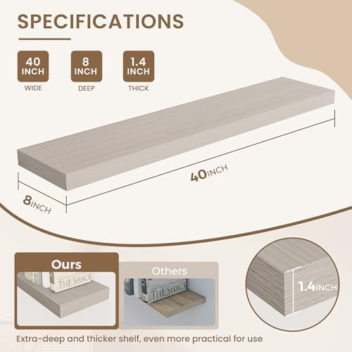 Dreamland 40 Inches Wall Mounted Wood Floating Shelves, Grey, 2 Pack