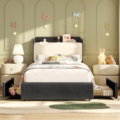 Garvee Twin Size Bed Frame with Shelf & Drawers for Kids- Black & Beige