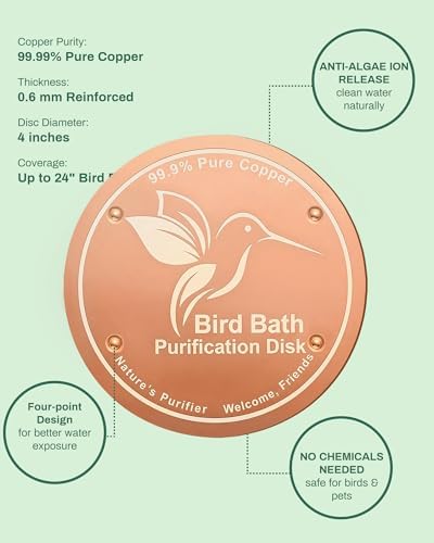 OICEME Bird Bath Purification Disc Pure Copper Outside Winter Solar Power Birdbath Hanging Bowl Deicer Cage Metal Deck Railing Glass Concrete Ceramic Stone Ground Water Birdhouse Gifts