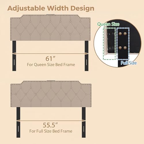 KOMFOTT Riveted Upholstered Headboard with Charging Station for Full & Queen Size Bed Frame, Tufted Button Bed Headboard with Solid Rubber Wood Legs, Headboard with Adjustable Width, Beige