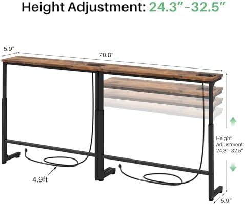 Kitstorack 70.8" Extra-Long Behind Couch Table, Height Adjustable Narrow Console Table with 2 Power Strips, Anti-Tip Wall Screws, Rustic Brown Finish, Split Design for Flexible Use