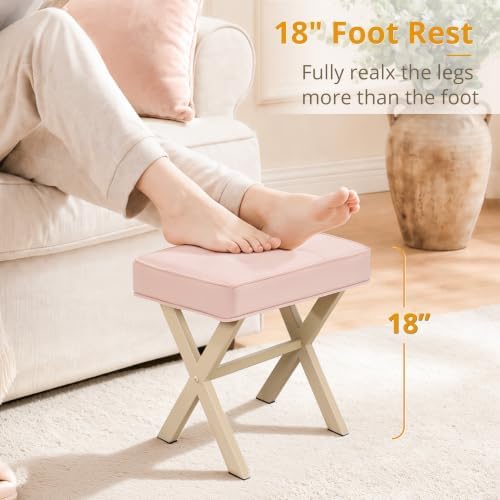 LUE BONA Vanity Stool, Square Linen Makeup Stool with Metal X Legs, Small Ottoman Stool Chair for Vanity, Modern Padded Vanity Seat Foot Rest Stool for Makeup Room, Bathroom, Pink Color