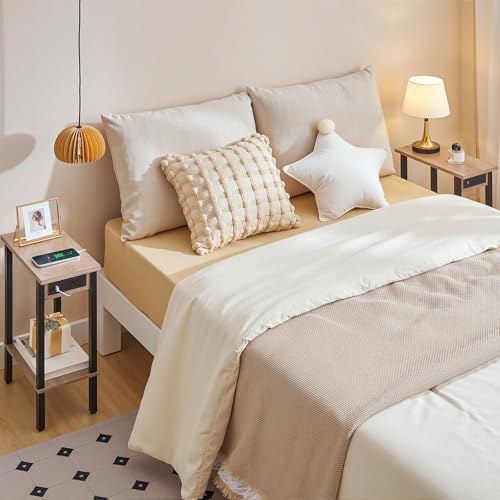 HOOBRO Narrow Side Tables, Set of 2, 2-Tier Slim End Tables with Charging Station, Skinny Nightstands with Open Storage, for Small Spaces, Living Room, Bedroom, Study,Greige and Black BG240UBZP201
