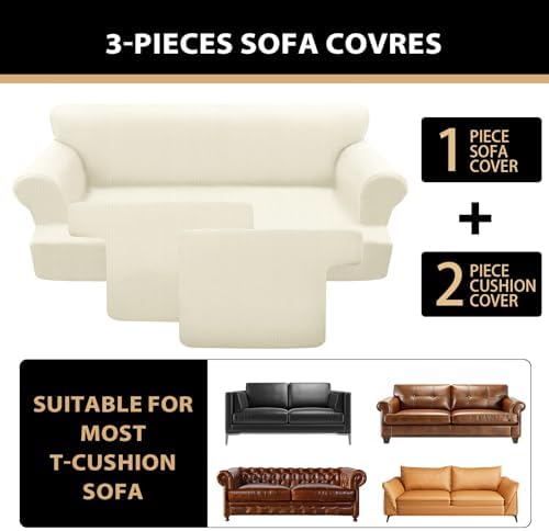 3 Pieces Sofa Covers fot T Cushion Loveseat Slipcover, Sofa Stretch Slip Covers for 2 Cushion Couch with 2 Individual T Shape Seat Covers (Light Yellow, 2 Cushion)
