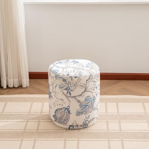 15.7" Swivel Vanity Stool, Floral Velvet Round Ottoman, Blue