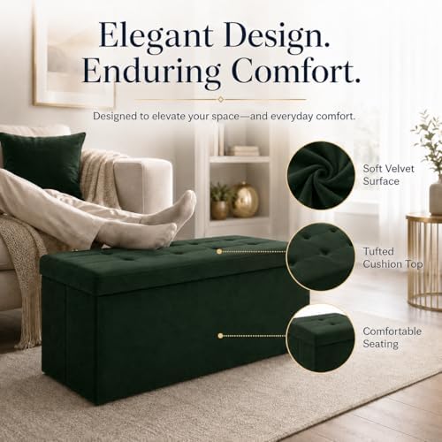ALASDO 43 Inch Folding Storage Ottoman Bench with Hidden Storage, Velvet Storage Ottoman Foot Rest Stool, End of Bed Bench for Bedroom, Living Room, Entryway and Closet, Dark Green