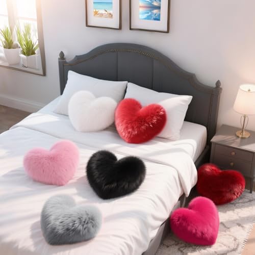 Pink Heart Pillow, Faux Fox Fur Heart Decorative Pillows, Heart Shaped Throw Pillow for Bed, Soft Fluffy Decorative Cushion for Chair Sofa Living Room - Plush Pillow Home Decor