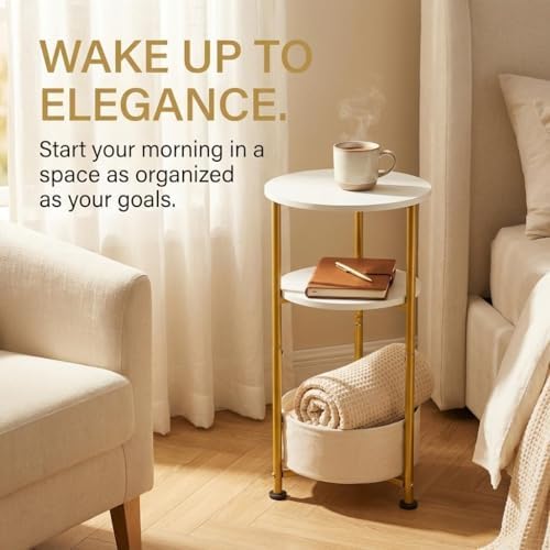 3-Tier Small Round Side Table with Storage Basket, White & Gold