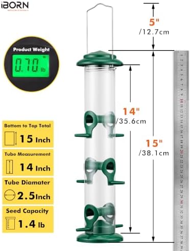 iBorn Metal Bird Feeders 6 Ports Hanging Wild Bird Seed Feeder for Mix Seed Blends, Seed Feeder, Sunflower Heart, Birdbath, Heavy Duty All Metal Green Finishing 14 Inch 6Port,Gift Box