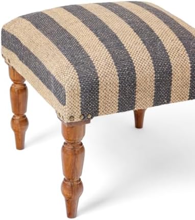 Handmade Jute Ottoman Stool with Wooden Legs | Square Upholstered Foot Rest & Accent Seating | Woven Vanity Stool for Living Room, Bedroom, Hall, Entryway & Home Décor (White)