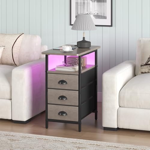 sthmec End Table with Charging Station,LED Side Tables with USB Ports and Outlets,Narrow Nightstands Bedside Tables with 3 Drawers for Small Space,Slim Sofa Table for Livingroom,Grey