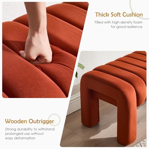 43.3" Bedroom Bench, Upholstered Entryway Bench, Modern End of Bed Ottoman with Solid Wood Legs and Adjustable Foot Pegs for Entryway, Dining Room and Living Room (Rust Velvet)