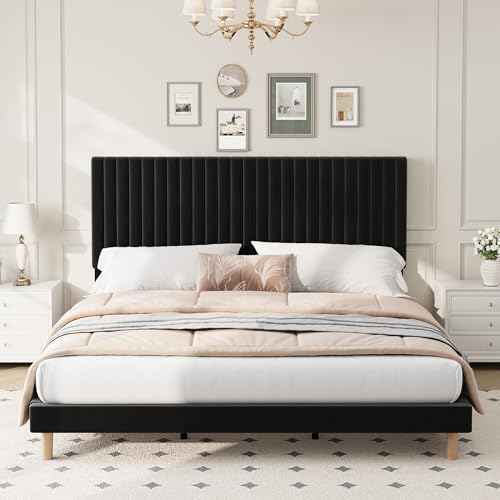 King Bed Frame with Adjustable Headboard, Velvet Upholstered Platform Bed