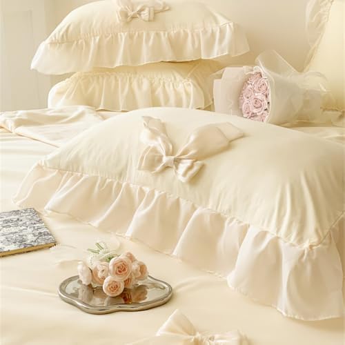 IHOUSTRIY Duvet Cover Full Size, Ruffle Beddding Set with Bowtie, 3 Pieces Comforter Cover Set with Zipper Closure, Girl Princess Bedding with Pillowcase - Cream Yellow, Full
